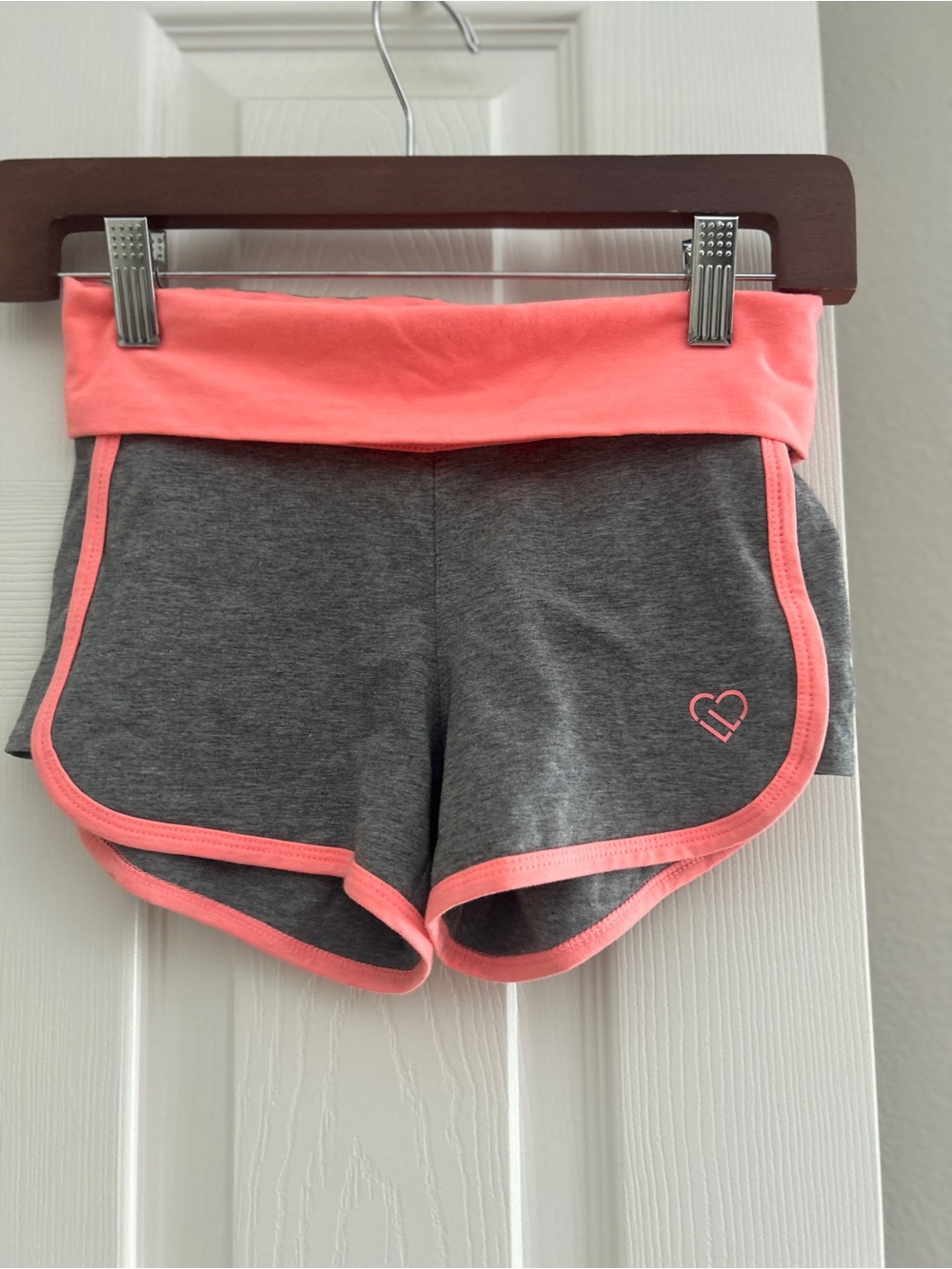 Women Fold-Over Waist Athletic Shorts - Gray with Coral Trim